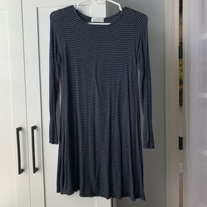 Navy Blue and Grey Stripe Long Sleeve Mini Dress